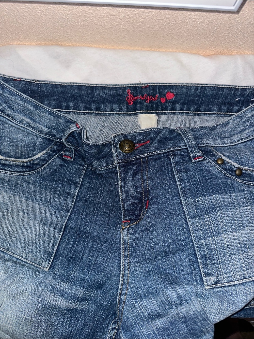 Soundgirl Faded Blue Boyfriend Jeans with Pink Stitching